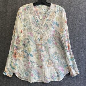 Malvin I Love Linen Tunic Top M Floral‎ Paisley Eyelet Boho Beach Coastal Resort